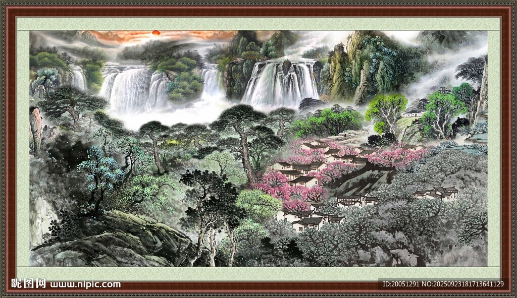 山水瀑布国画风景图