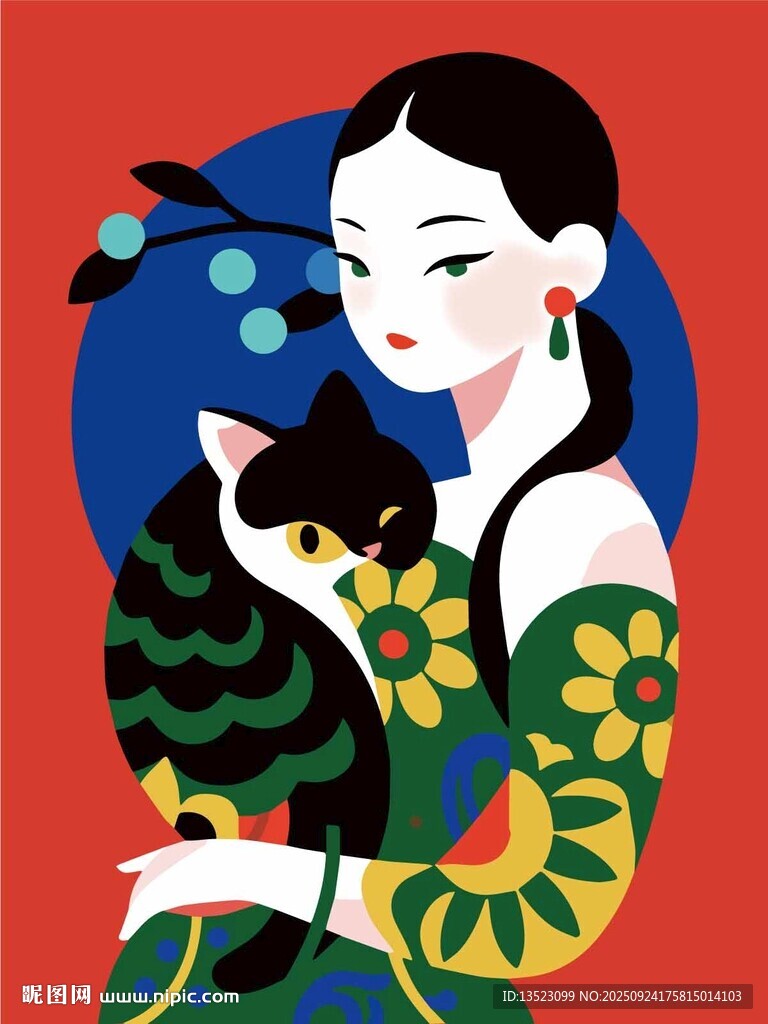 唯美古风女子仕女与猫咪花卉插画
