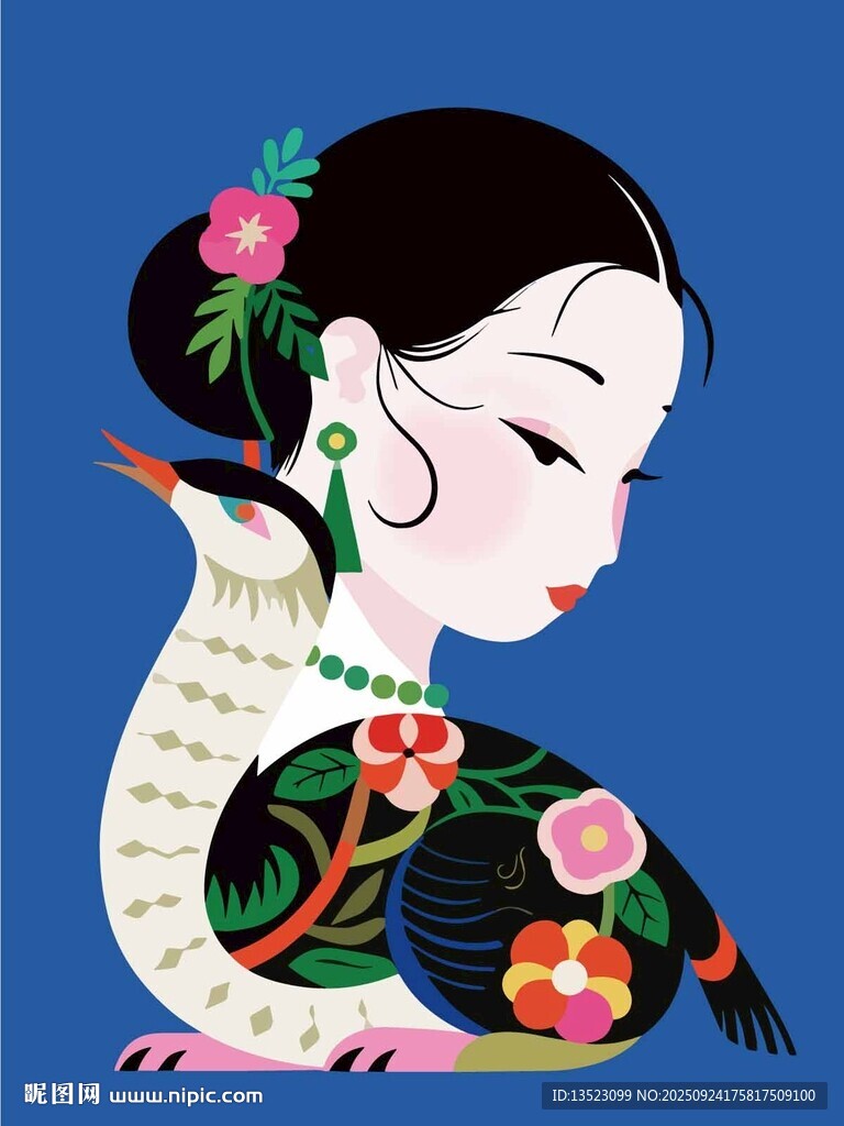 唯美古风中式少女与装饰性飞鸟海
