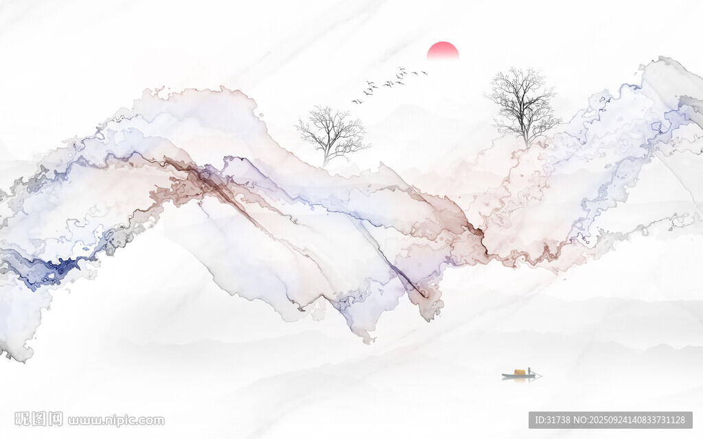 新中式抽象水墨线条烟雾山水画