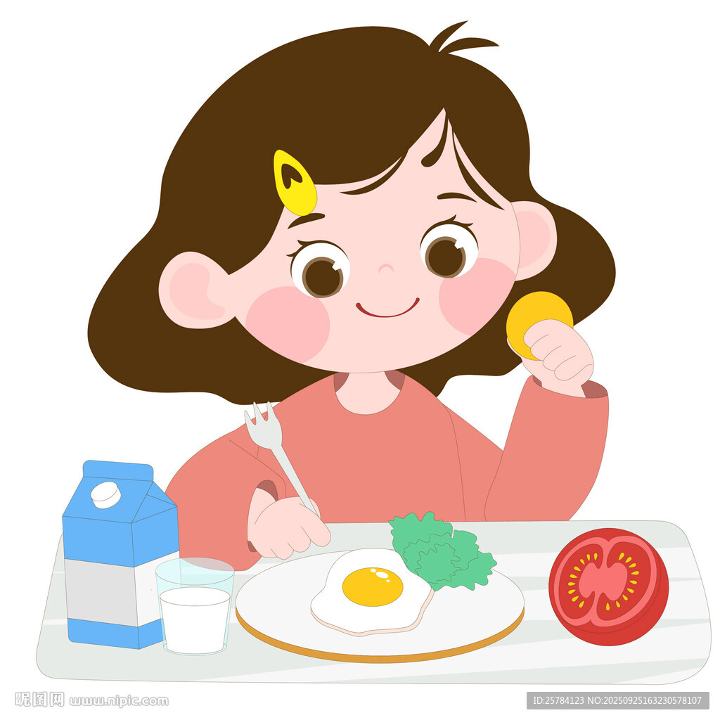女孩吃早餐鸡蛋牛奶番茄儿童插画