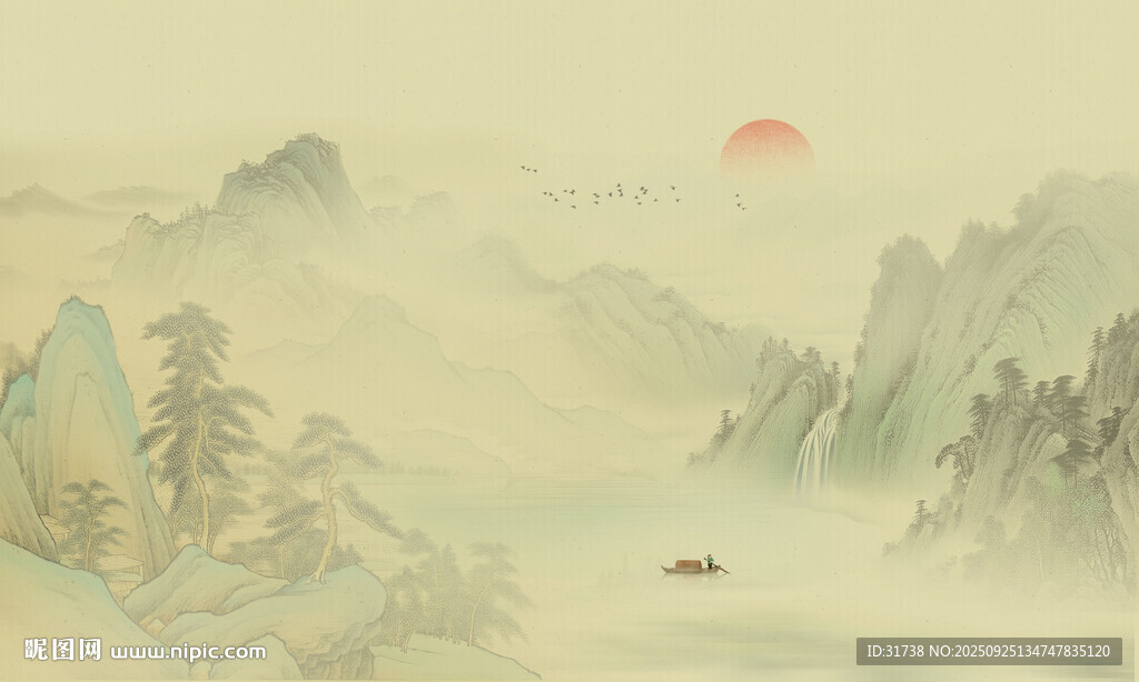 新中式山水情水墨国画背景墙