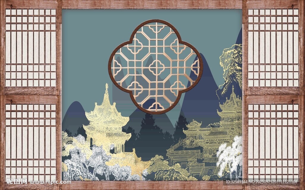 中式古典窗景与山水图案