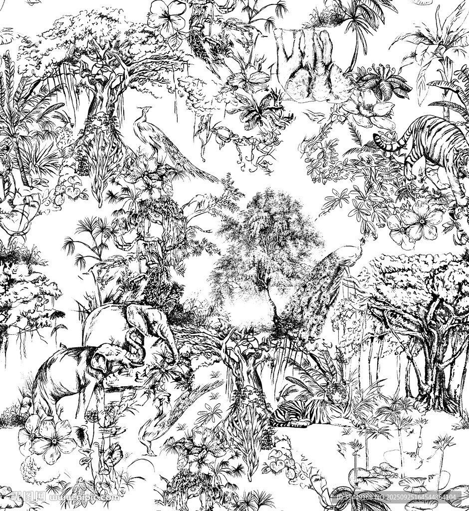 水墨山林线描图