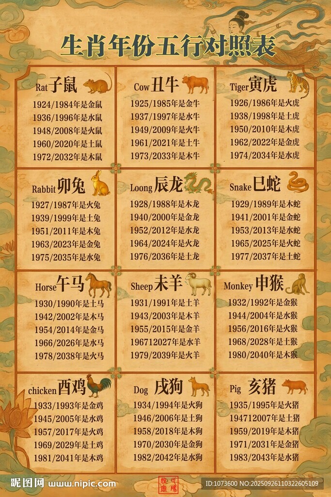 年份生肖五行对照表