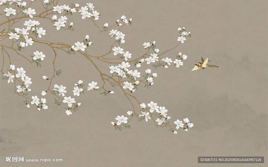 新中式工笔兰花花鸟画背景墙
