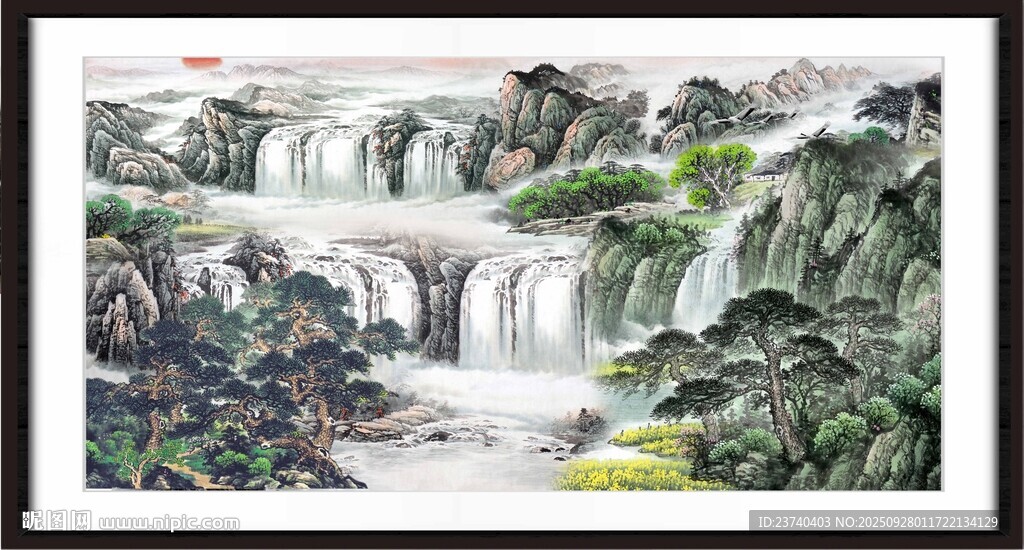 山水国画瀑布景观
