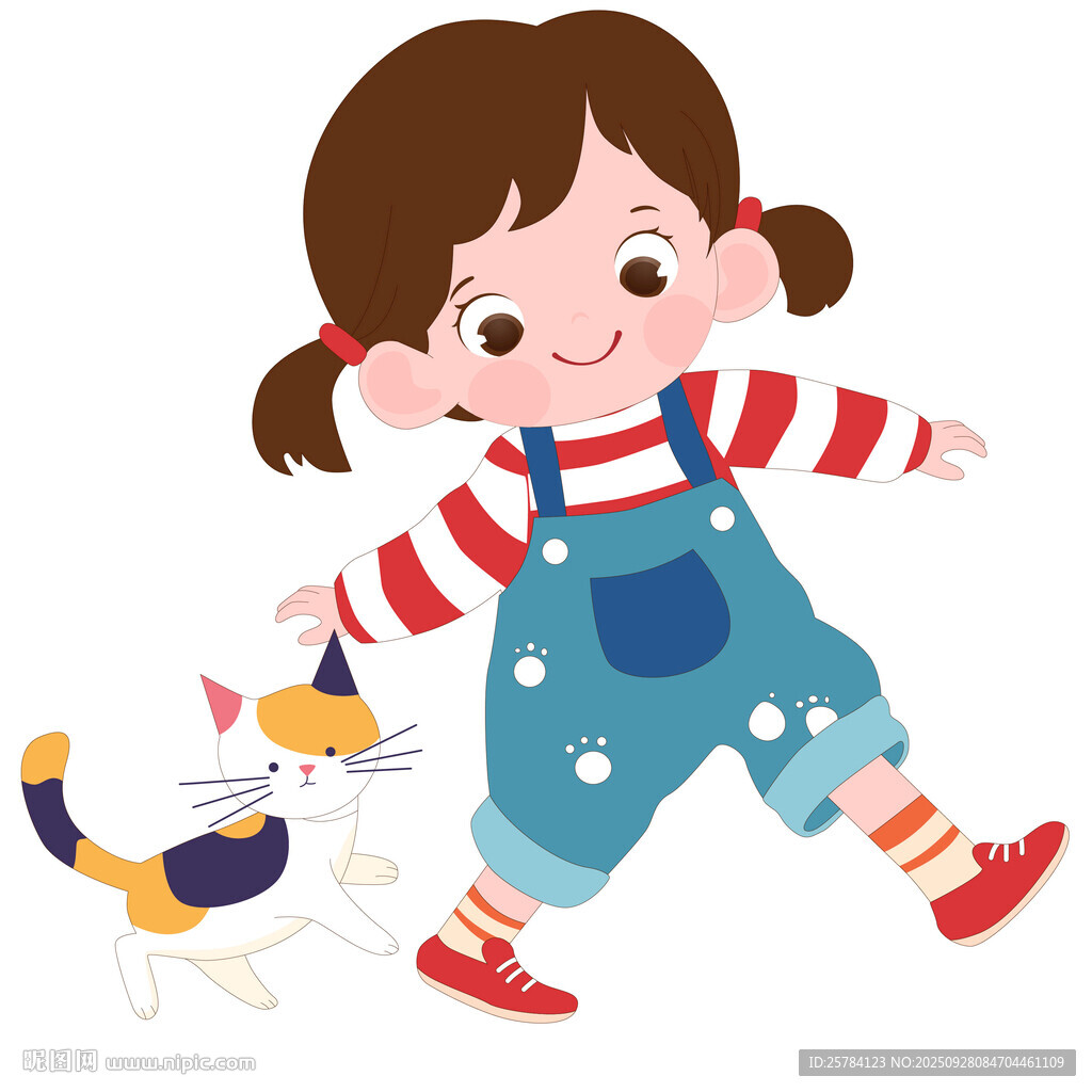 穿背带裤扎双马尾女孩和猫咪互动