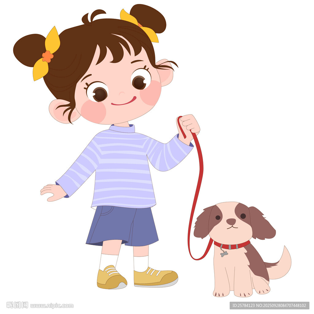 丸子头蝴蝶结小女孩遛狗萌娃童趣
