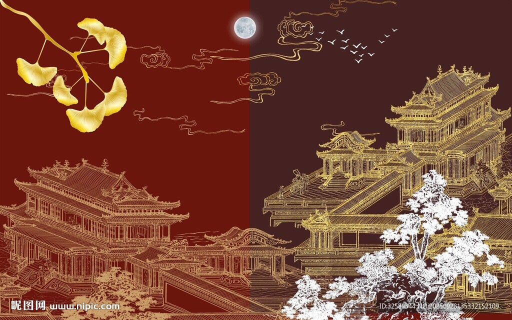 中式古风建筑花鸟装饰图