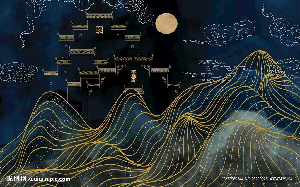 月夜下的奇幻山峦与楼阁