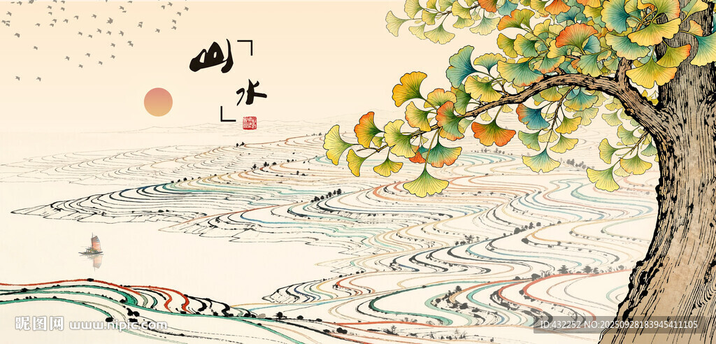 银杏树在水墨山水间