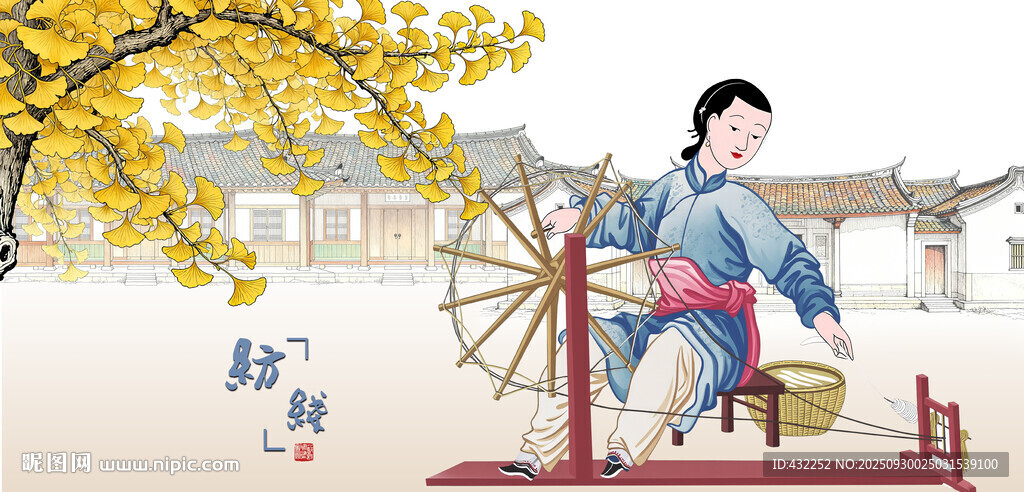 古代女子坐于纺车前劳作