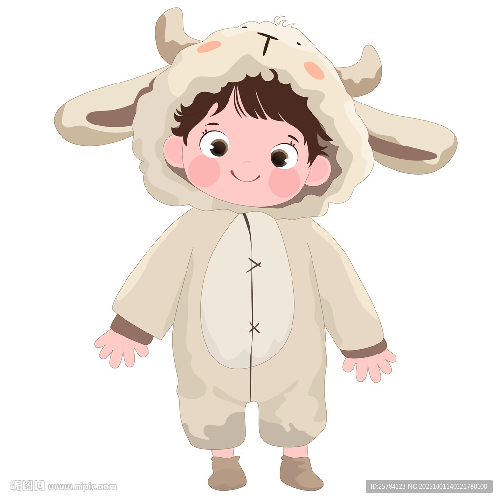 女孩穿卡通玩偶服小绵羊睡衣插画