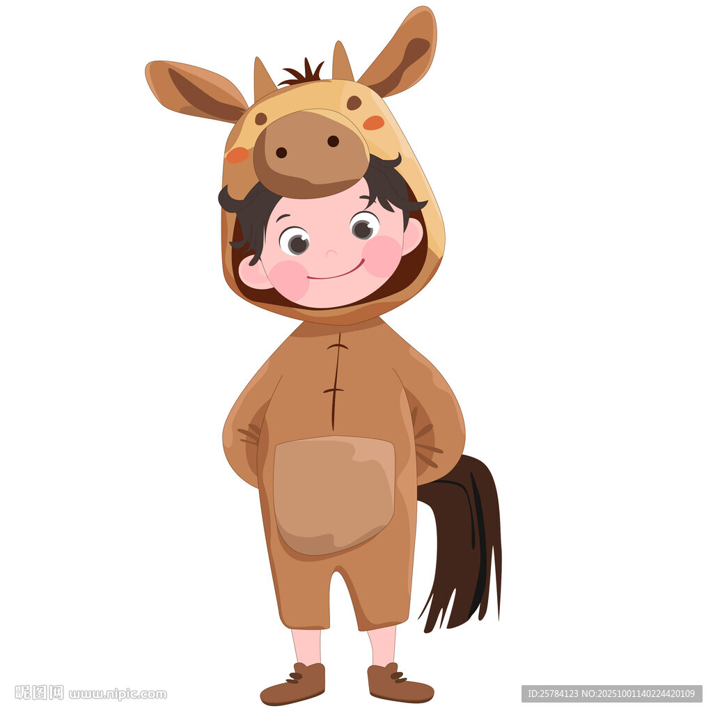 女孩穿卡通玩偶服小鹿睡衣插画