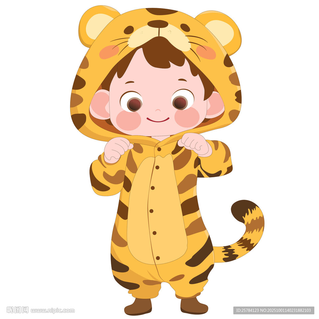 男孩穿卡通玩偶服老虎睡衣茶插画