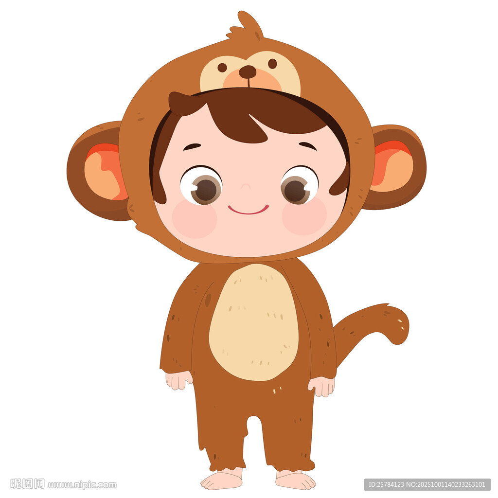 男孩穿卡通玩偶服猴子睡衣插画