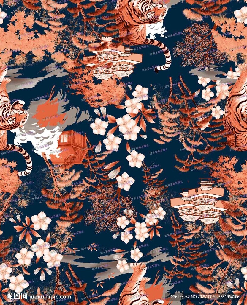 中老年香云纱旗袍小香风印花素材