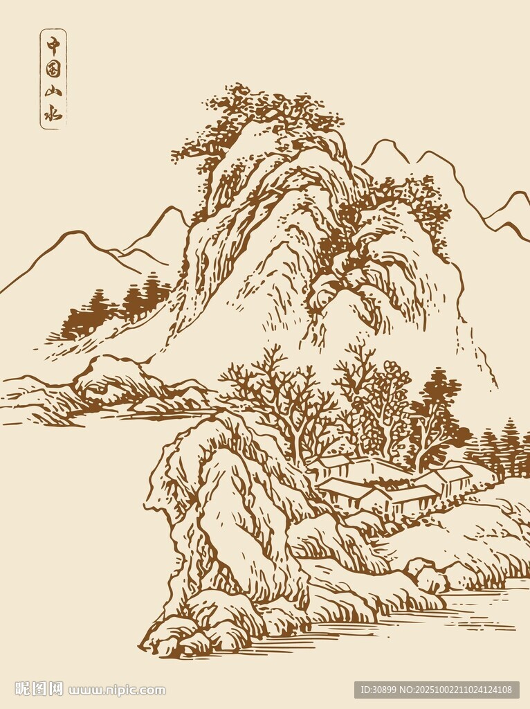 手绘矢量中国山水画插画
