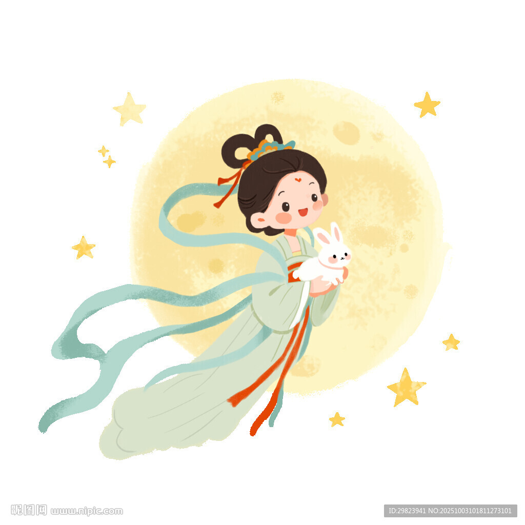 嫦娥奔月卡通可爱肌理绘本风格