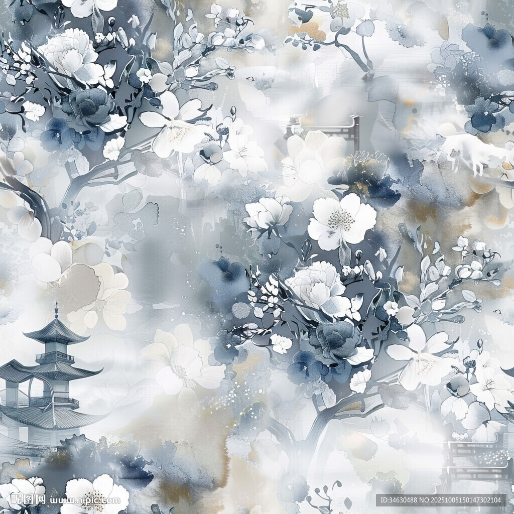 蓝白水墨风抽象花卉图案