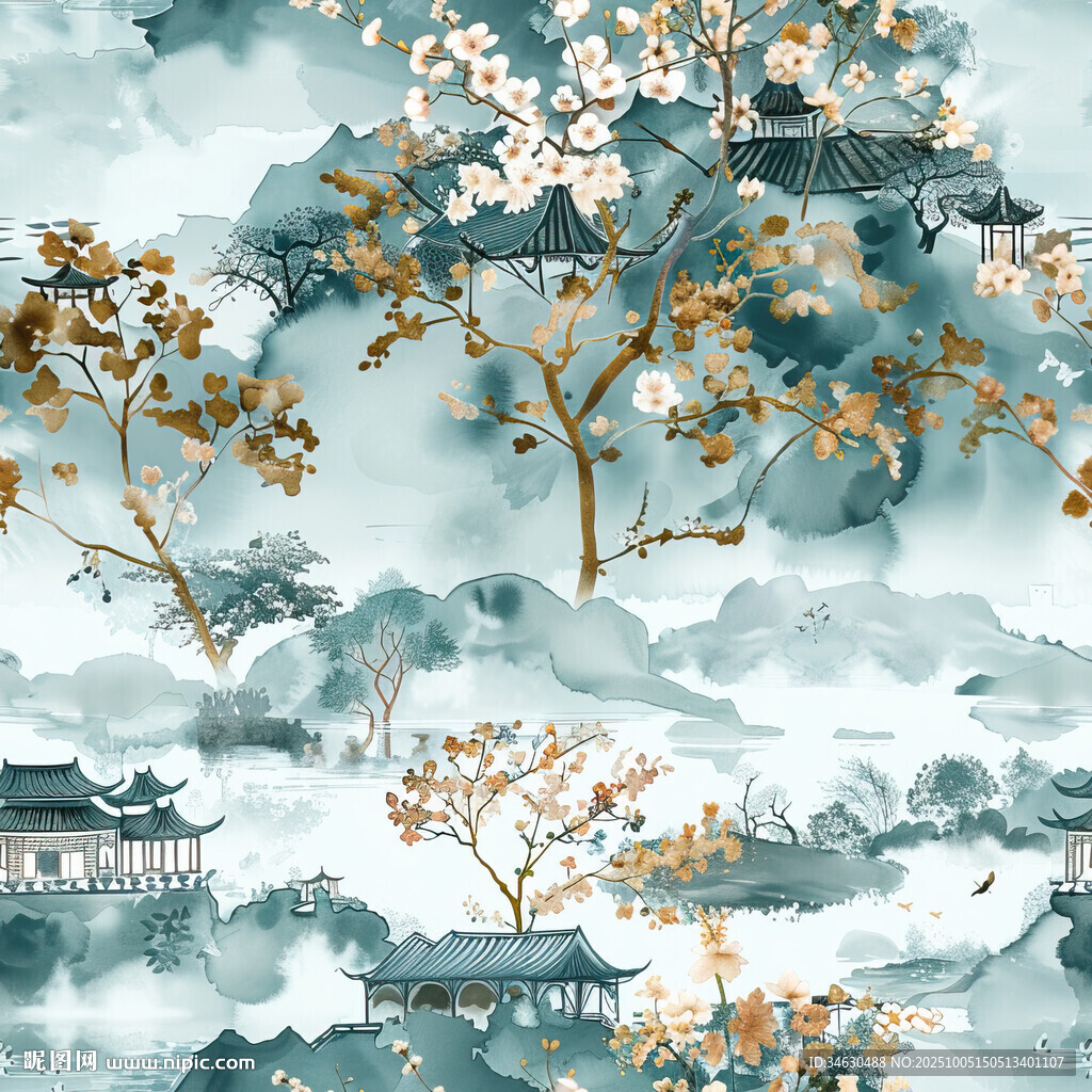 水墨风中式花卉山水图景
