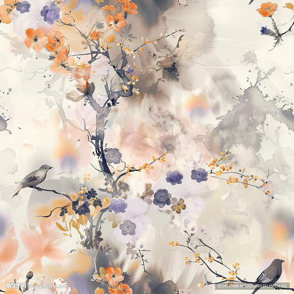 水墨花鸟树枝艺术图案