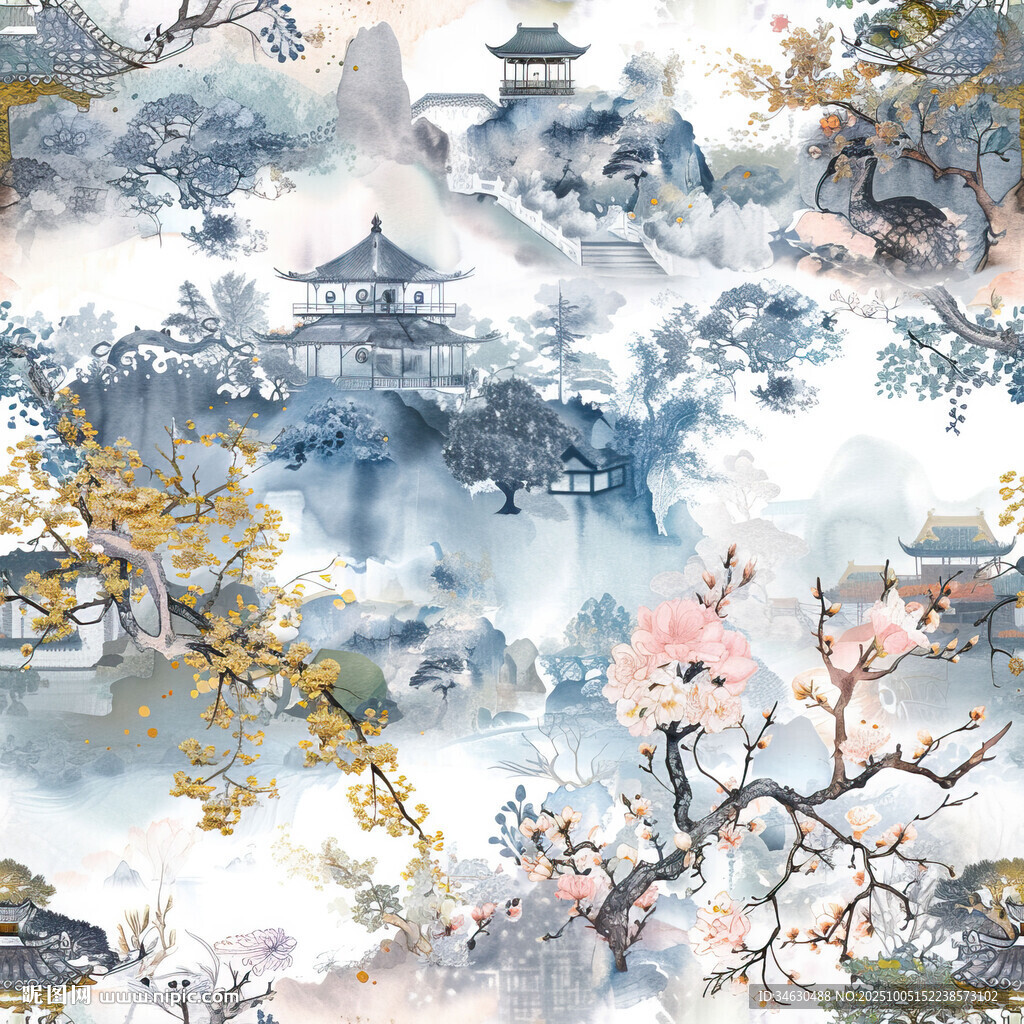 水墨山水间的烂漫花枝