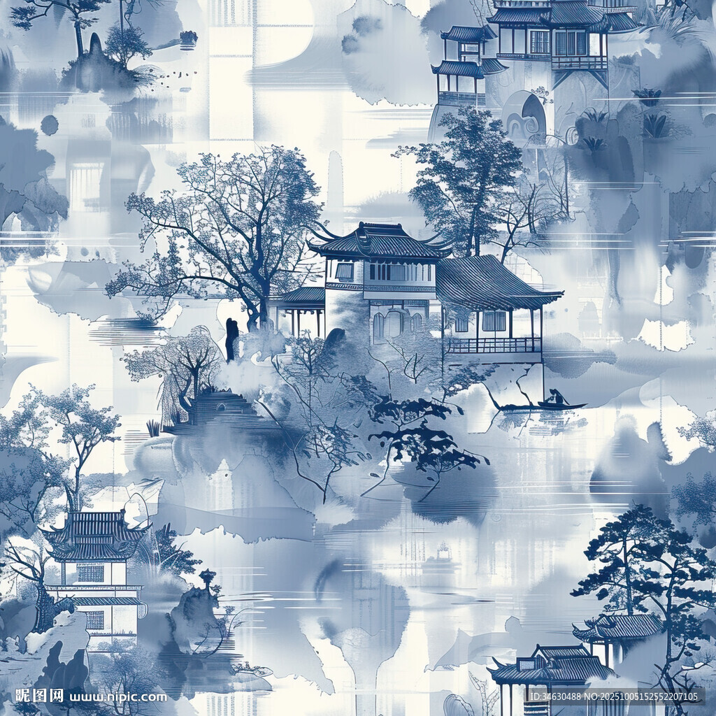 水墨古风山水建筑图景