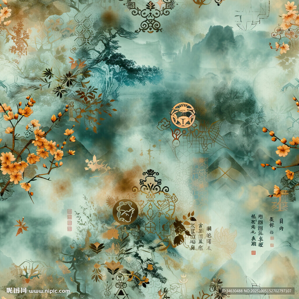 中式古风花鸟山水意境图