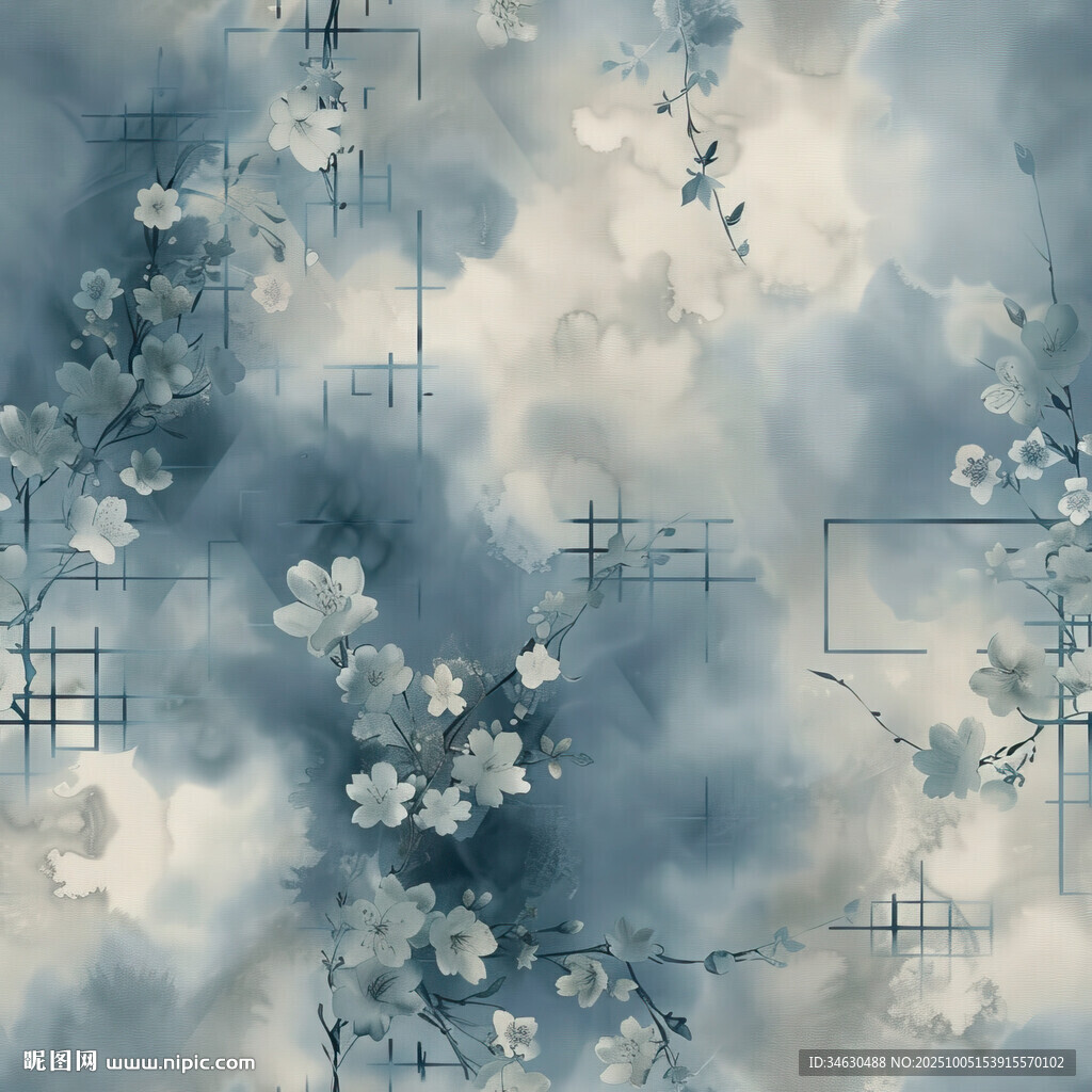 蓝调花卉云雾梦幻背景图