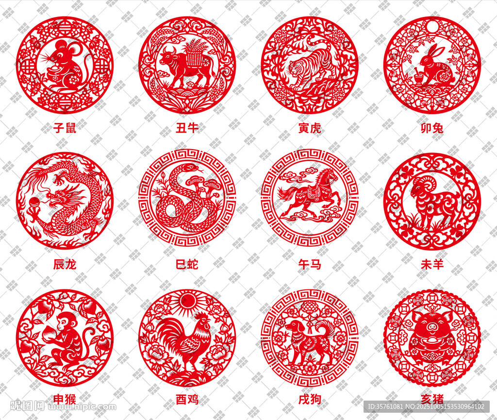 十二生肖剪纸插画矢量图元素