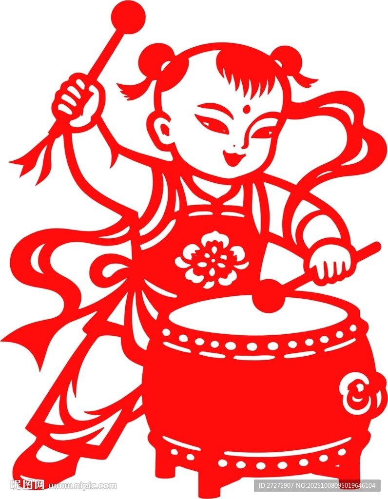敲鼓的喜庆剪纸孩童
