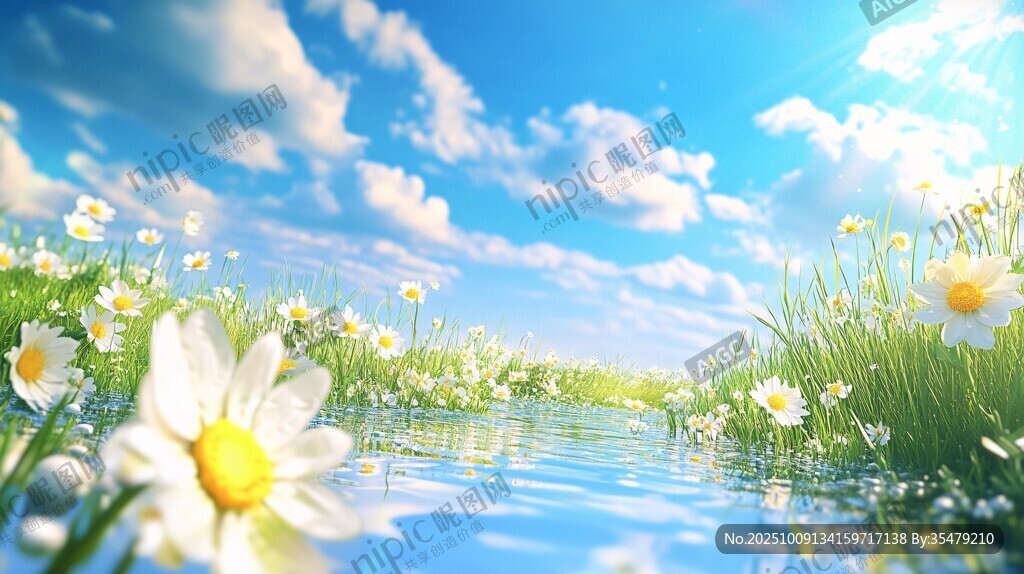蓝天白云下的烂漫雏菊溪景