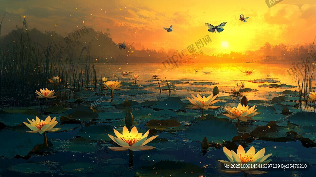 夕阳下的荷塘美景