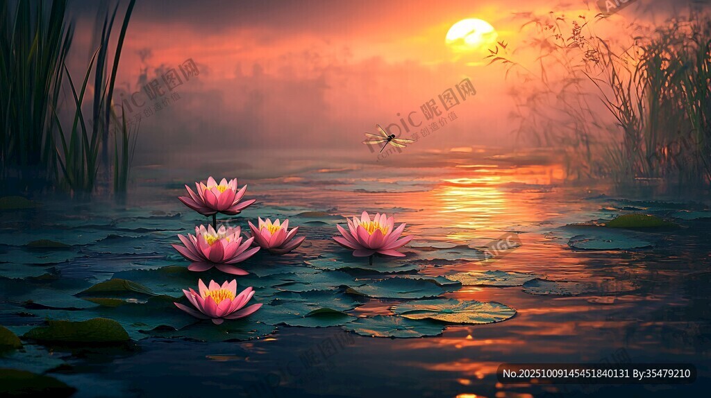 夕阳下的睡莲与蜻蜓美景