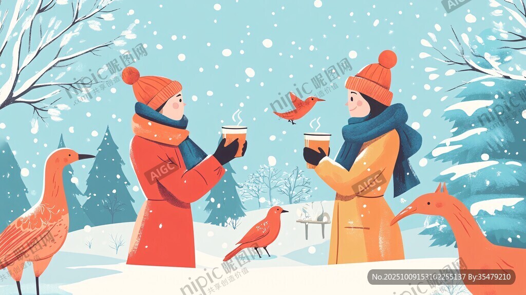 冬日雪景中两人温馨相聚