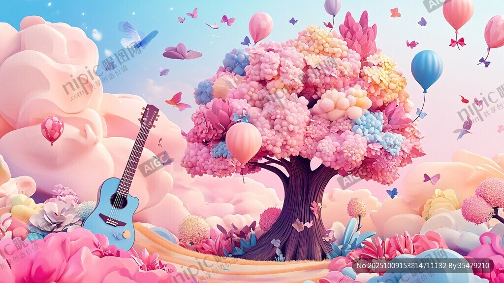 梦幻粉色树旁的浪漫吉他世界