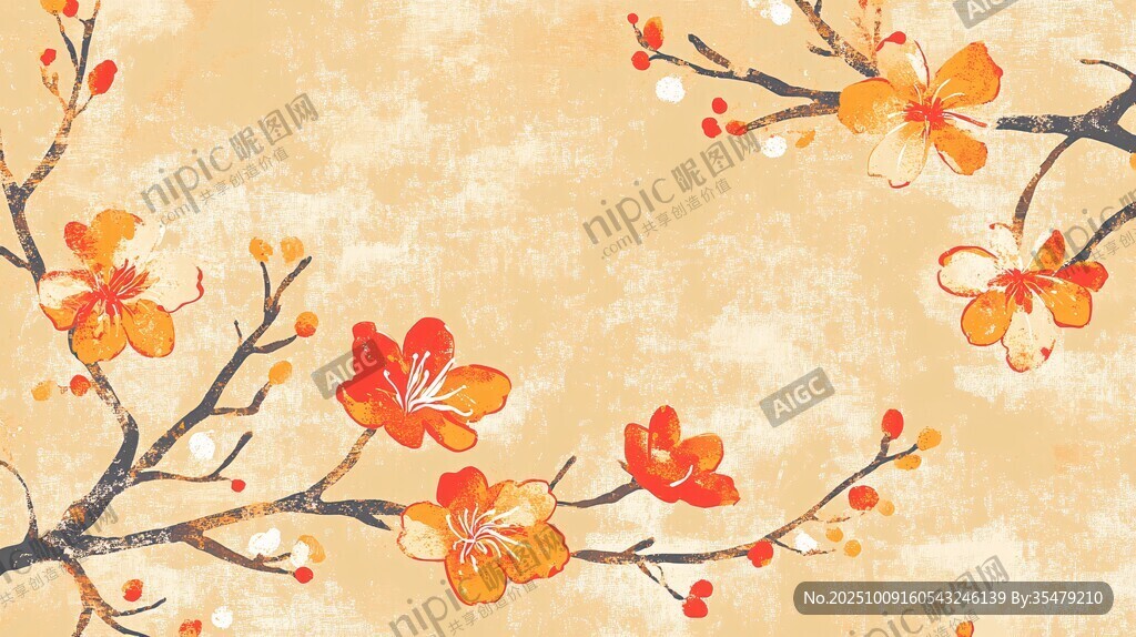 复古风枝头绽放艳丽花朵
