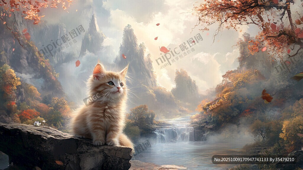 猫咪坐于山水间赏秋景