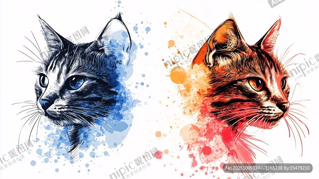双色水彩风猫咪头像插画