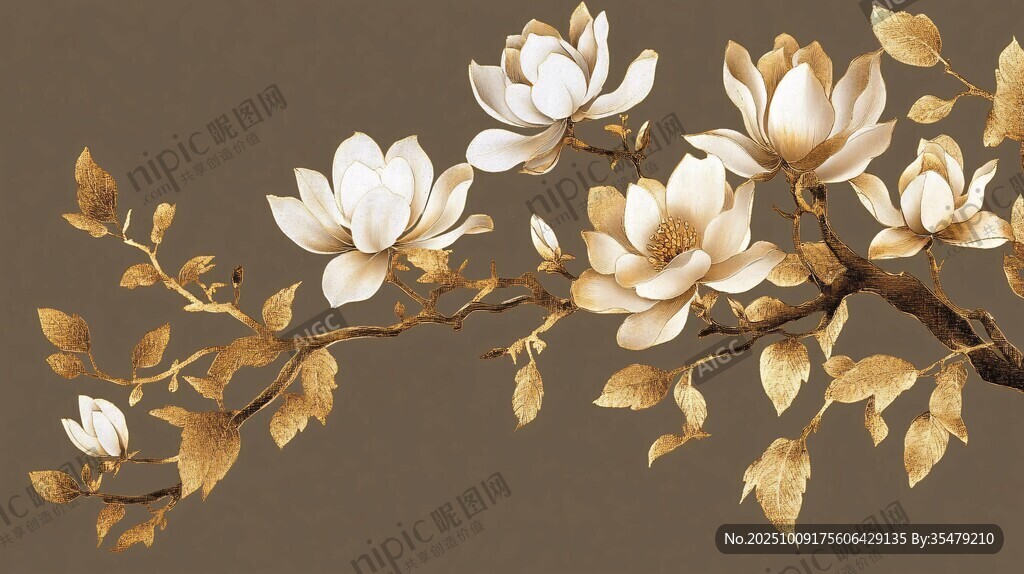 金色玉兰花枝插画装饰图