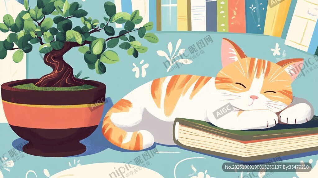 猫咪卧于书本上惬意休憩