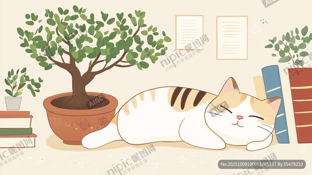 猫咪惬意躺卧绿植旁