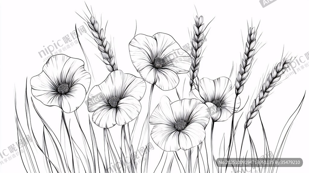 手绘花卉与麦穗线条画