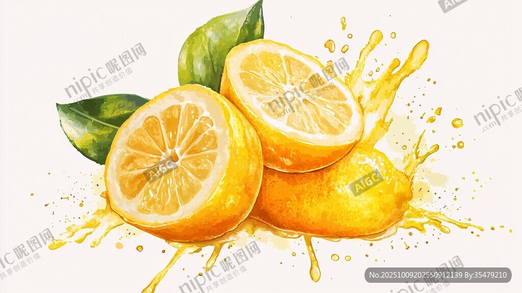 水彩风鲜柠檬与汁水飞溅