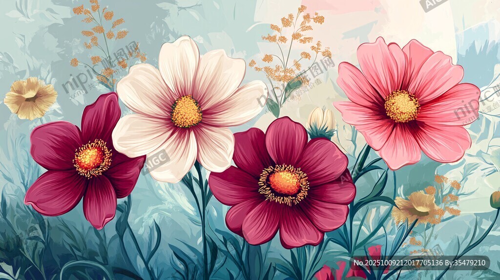 梦幻花卉插画 多彩花朵绽放