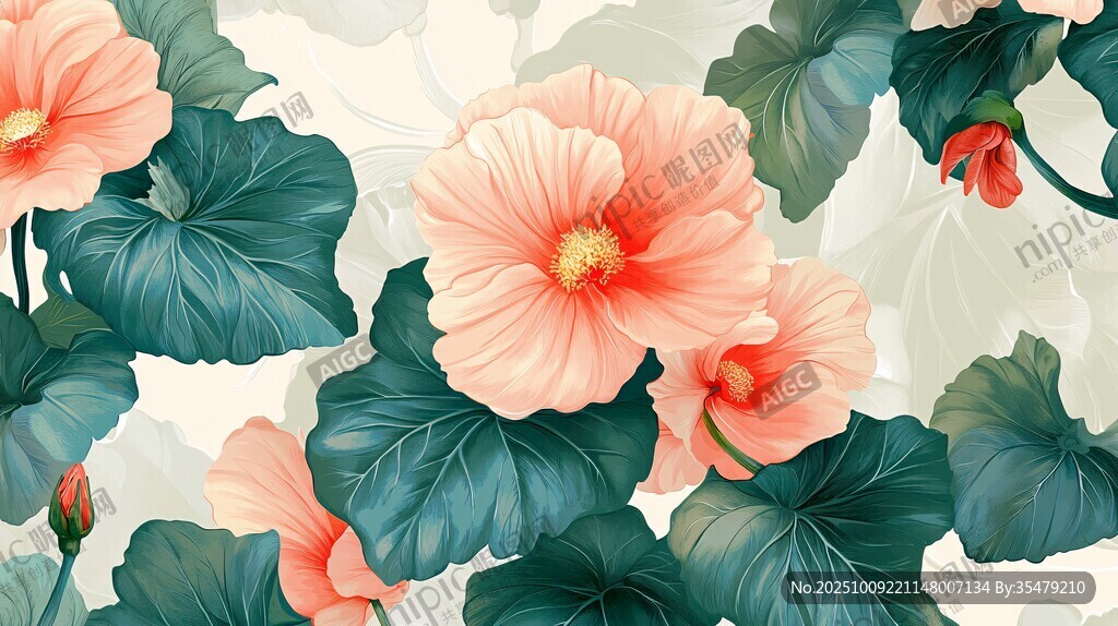粉色花卉绿叶精美图案