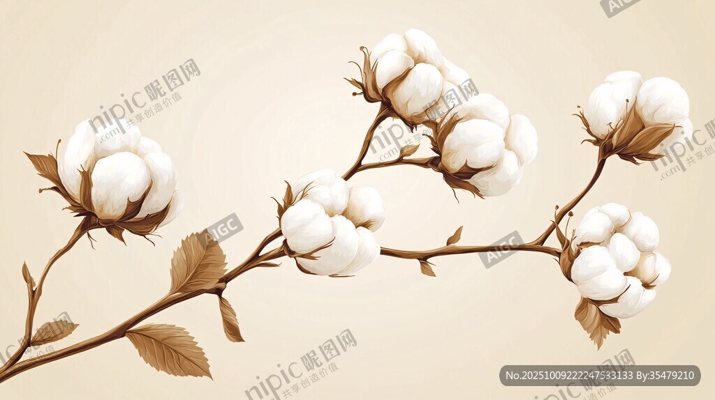 棉花枝条 清新自然花卉图