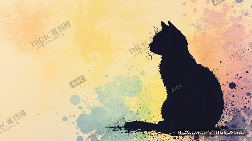 水彩背景中的黑猫剪影
